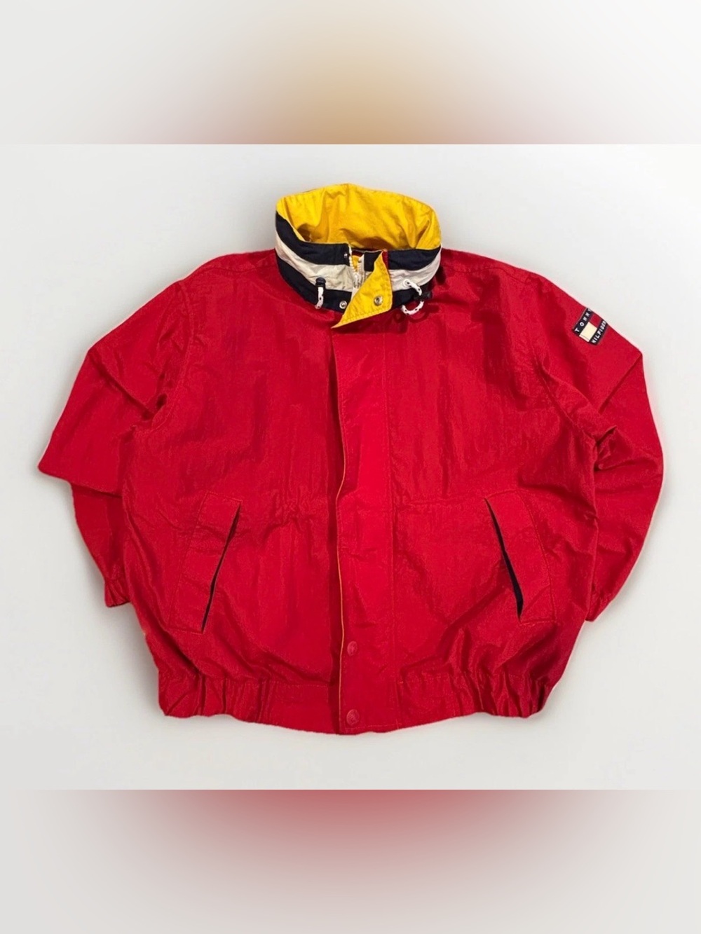 Vintage Tommy Hilfiger Jacket Hidden Hood Size Medium Logo Red Yellow Blue